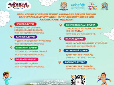 Зургаадугаар сарын 1-нд болох хүүхдүүдэд зориулсан үзвэр, тоглолт, өдөрлөгийн ХӨТӨЛБӨР 
