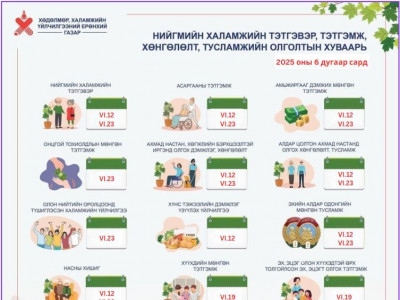 Зургаадугаар сард нийгмийн халамжийн тэтгэвэр, тэтгэмж, хөнгөлөлт, тусламжийг олгох хуваарь 